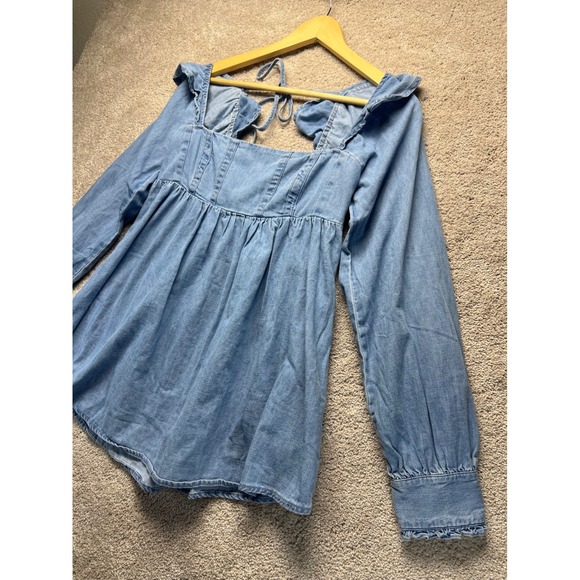 Free People XS Chambray Denim Ruffle Collar Cottagecore Long Sleeve Tie Back Top - Picture 7 of 14